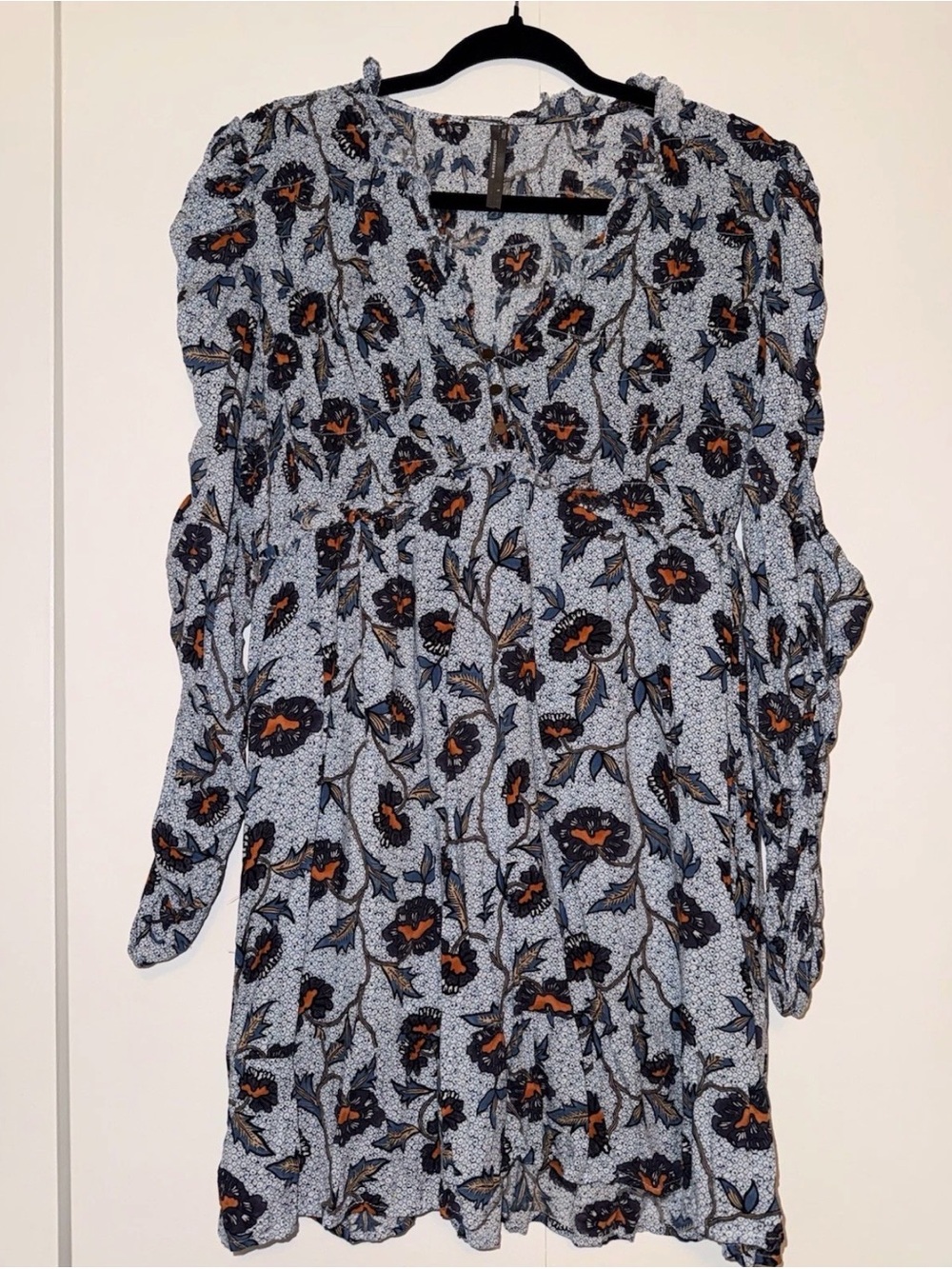 Anthropologie Light Blue Floral Smocked Tunic with Rust Accents